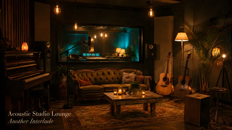 Another Interlude acoustic studio lounge with guitars, a piano, and warm lighting