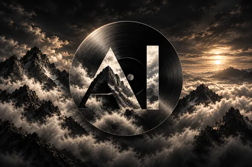 Another Interlude's AI vinyl record emblem amid mountains and clouds