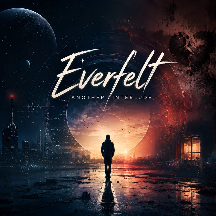 Everfelt album cover: a lone figure between a dark city and a glowing horizon